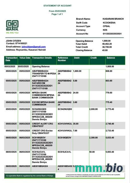 Kenya Co-operative Bank Of Kenya wyciąg bankowy łatwy do wypełnienia szablon w formacie Excel i PDF